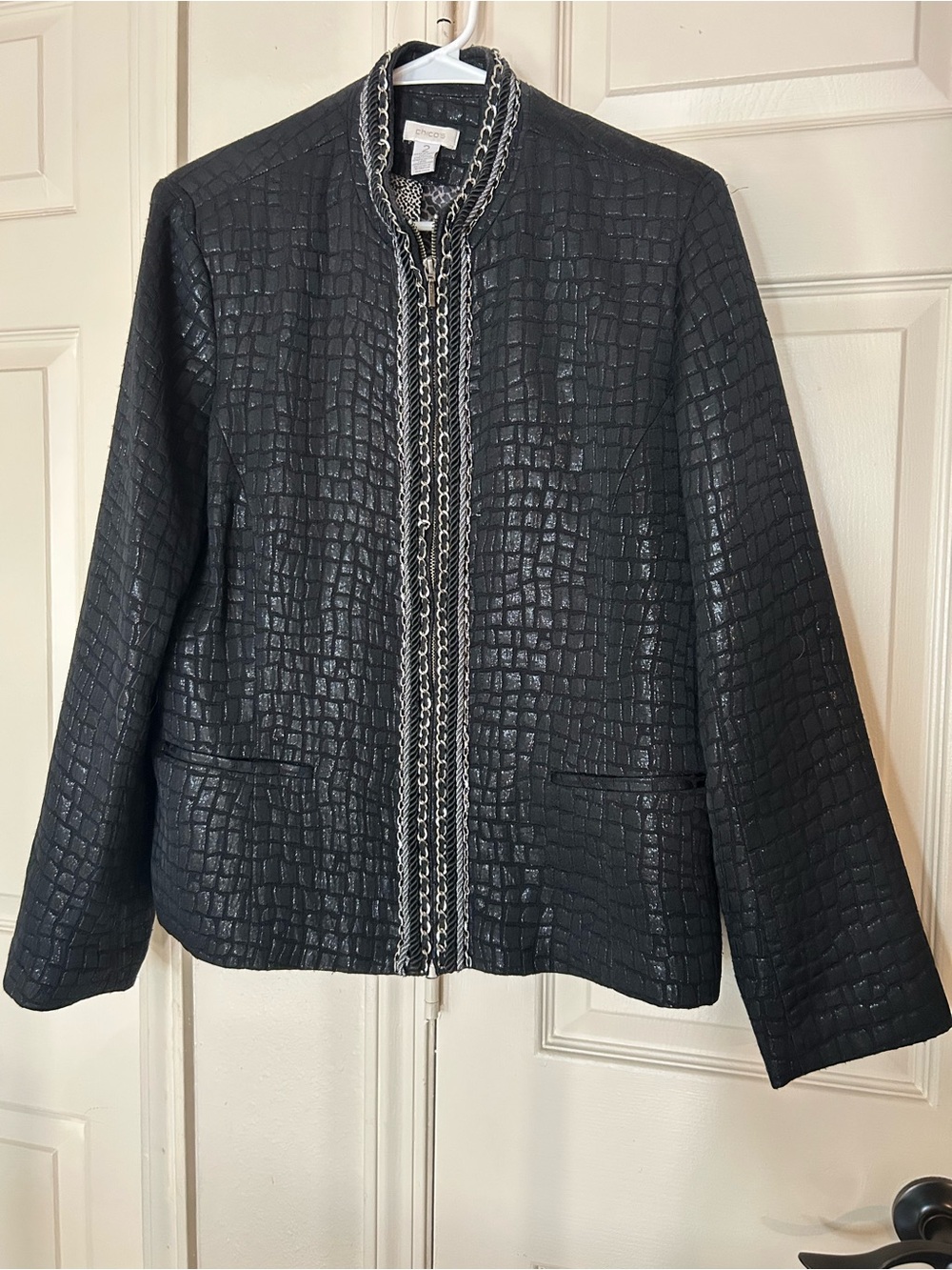 Chico's Black Quilted Croc-Texture Zip Jacket with Chain Trim